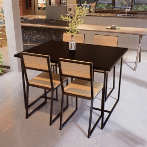 Conjunto Mesa de Jantar Retangular Preta 4 Cadeiras Pinus Riviera Industrial Preto