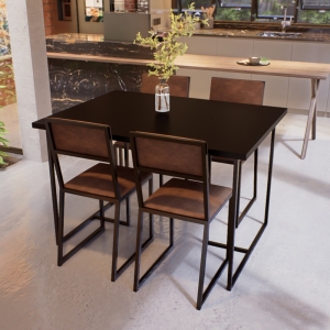 Conjunto Mesa de Jantar Retangular Preta 4 Cadeiras Estofado Riviera Industrial Preto