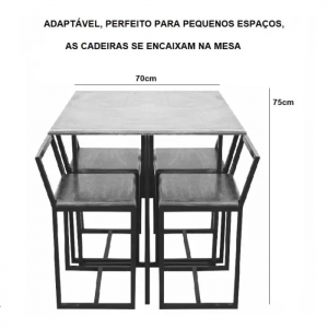 Conjunto Mesa Vidro 4 Cadeiras Pequena Estofado Industrial Black