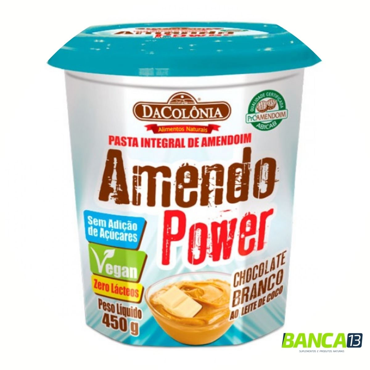 Pasta de Amendoim Amendo Power Chocolate Branco ao Leite de Coco 450G - DaColônia