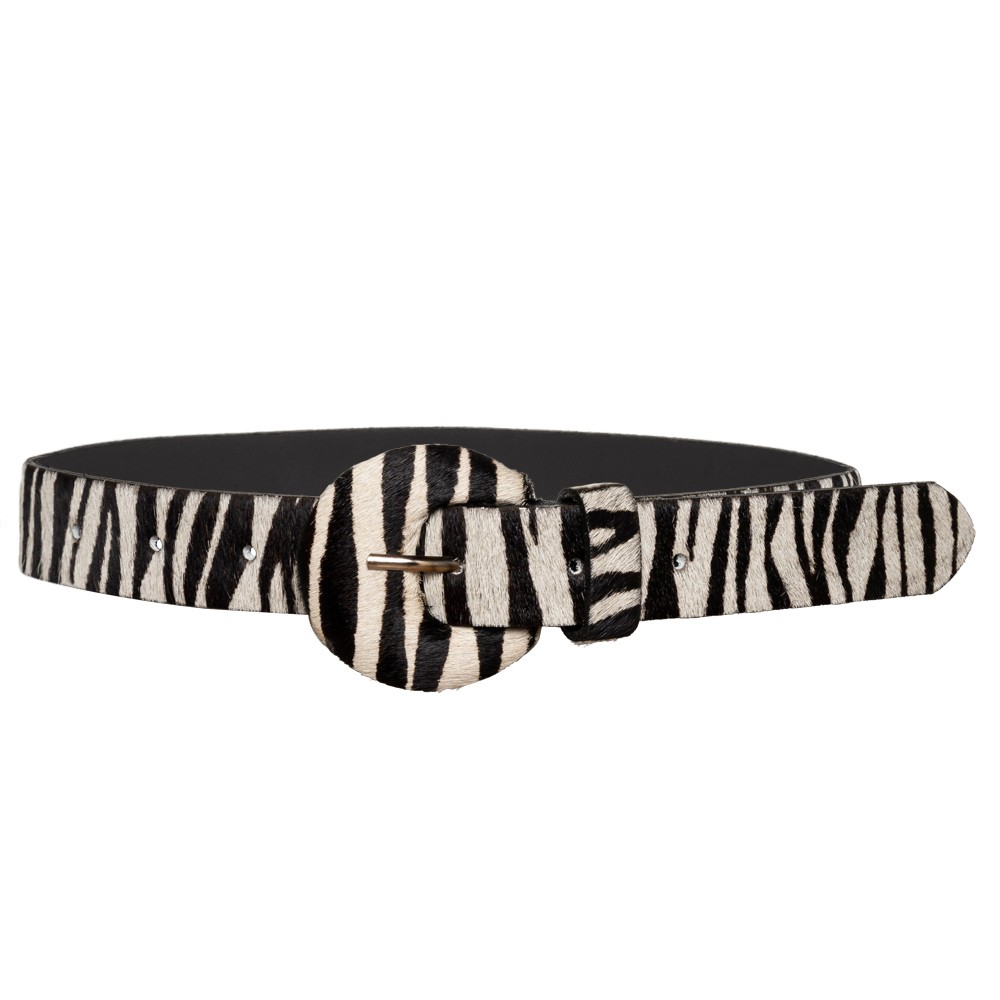 Cinto de Couro Animal Print Pelo Meia Lua Zebra Encapada - 3,0 cm - Linha Premium VC - Feminino