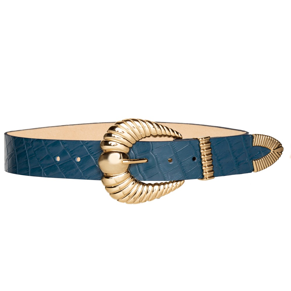 Cinto de Couro Croco Azul Marinho Concha com fivela e ponteira dourada - 3,5 - cm - Cintos Exclusivos VC- Feminino