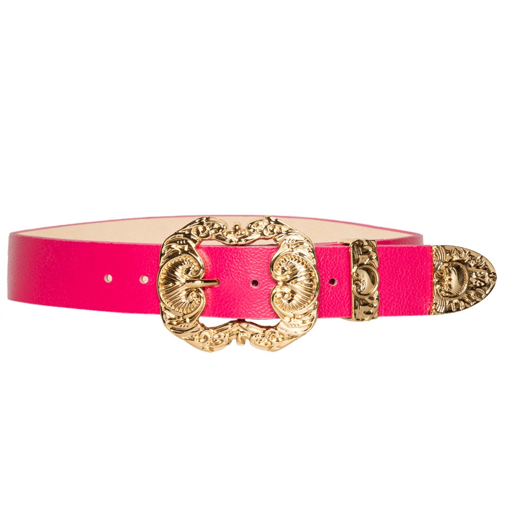 Cinto de Couro Pink  com fivela dourada Arabesco e ponteira - 4 cm - Linha Premium VC - Feminino