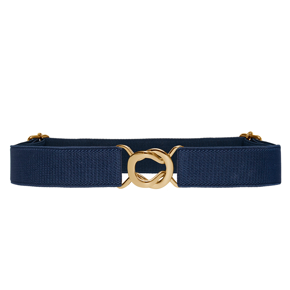 Cinto de Elástico Azul Marinho  Ajustável  Fino com Regulagem e Fivela Dourada  - Cintos Exclusivos - Feminino
