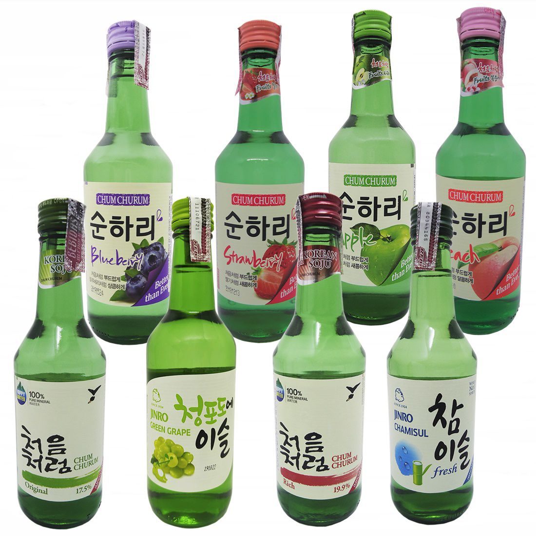 Seleção Bebida Coreana Soju 8 Sabores Frutas e Tradicional 360ml