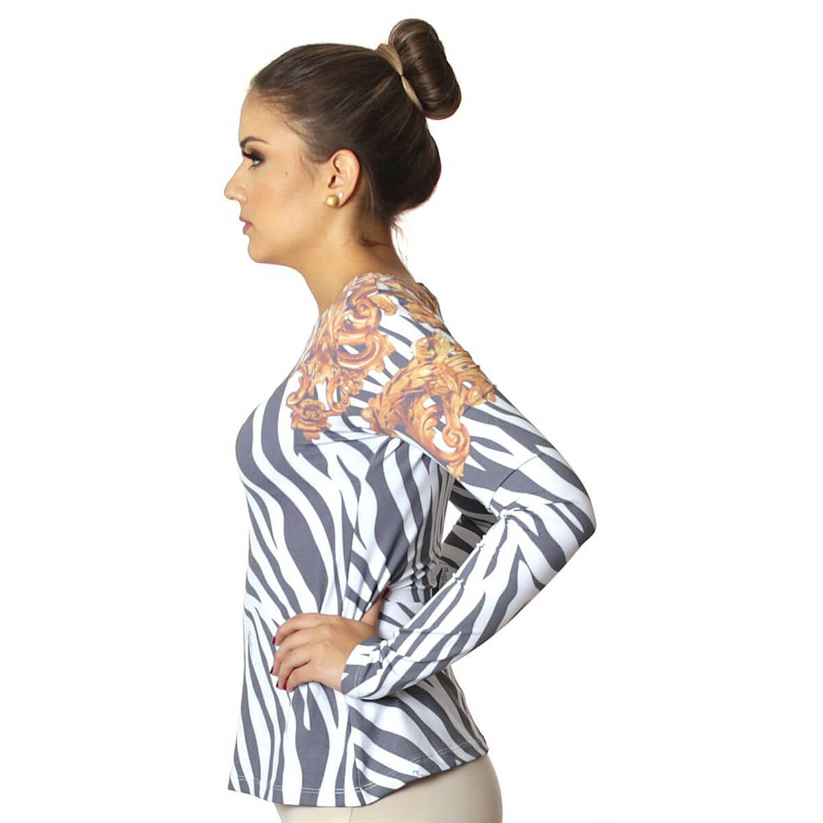 Blusa Feminina com Proteção Solar UV Estampa Zebra Barroco Evasê