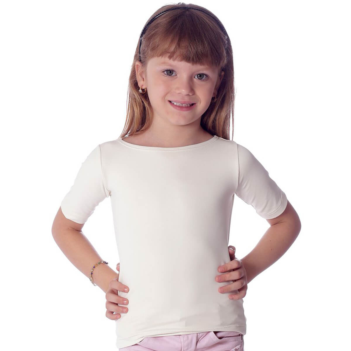 Blusa Infantil com Proteção UV Palha Feminina Manga Curta Decote Canoa