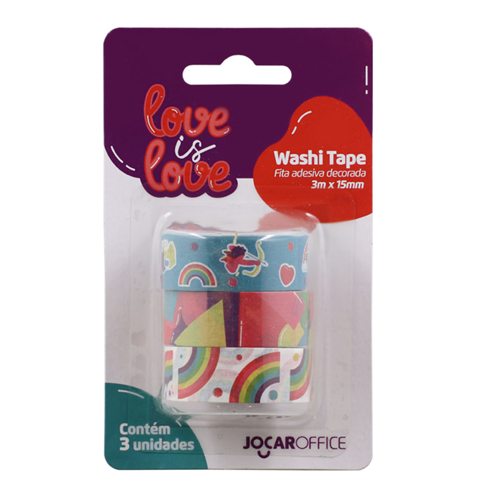 Washi Tape Love is Love Arco-íris 3m x 15mm 3 Unidades Jocar Office
