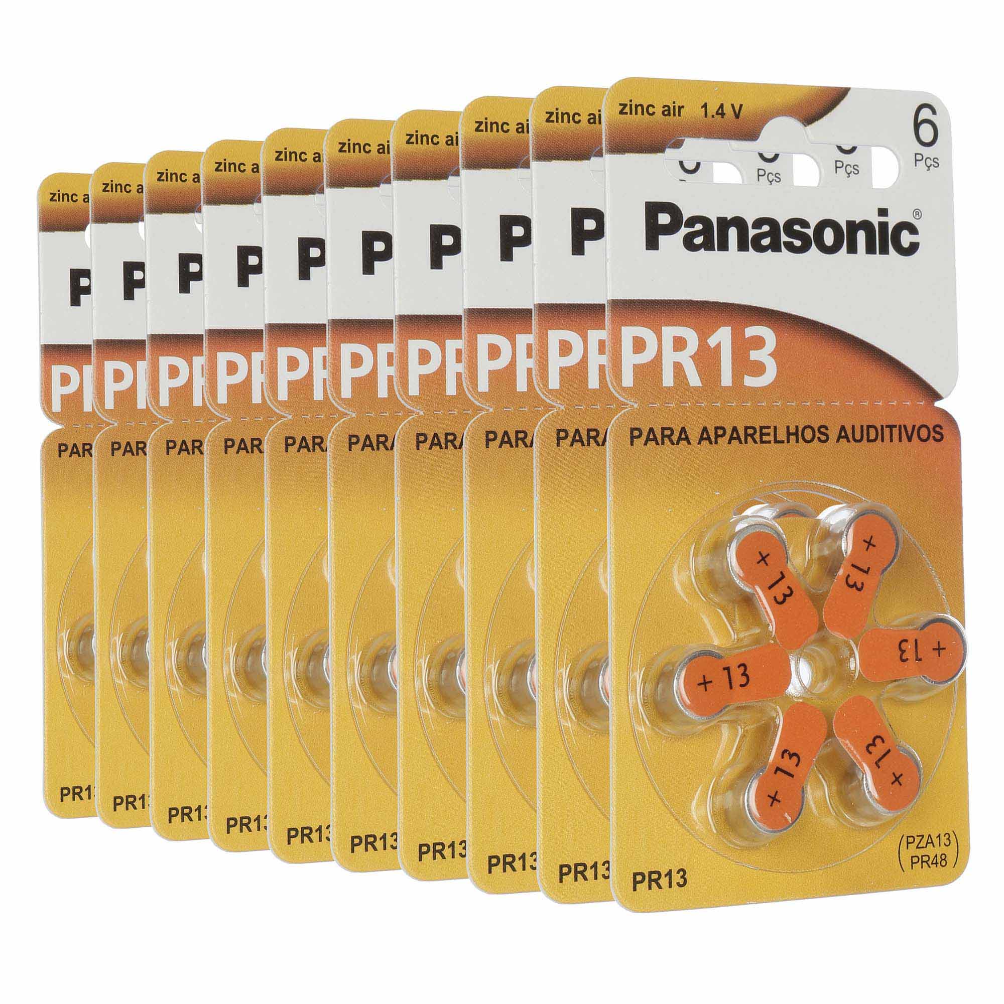 Panasonic PR13 / PR48  - 10 Cartelas - 60 Baterias para Aparelho Auditivo - SONORA