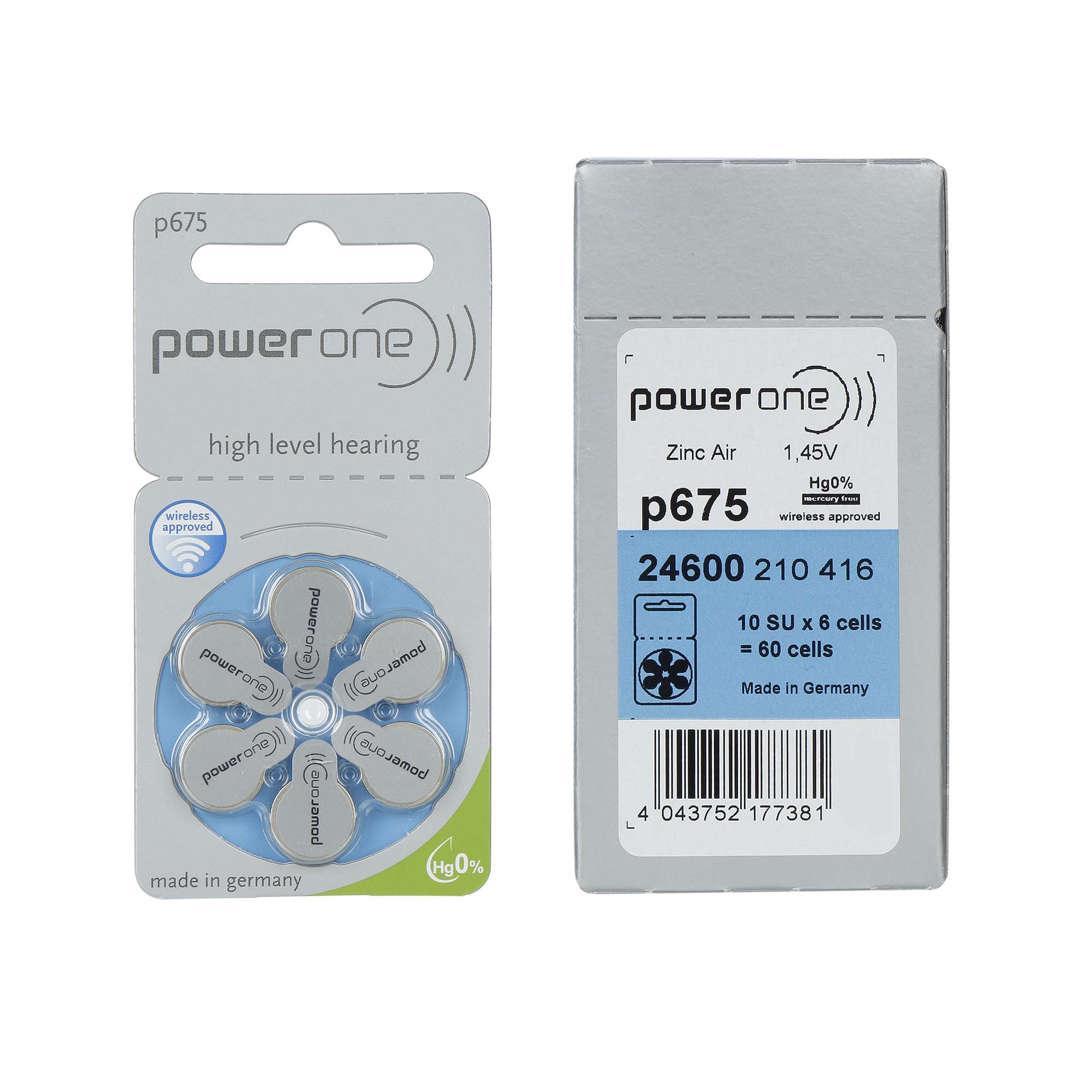 PowerOne P675 / PR44  - 10 Cartelas - 60 Baterias para Aparelho Auditivo