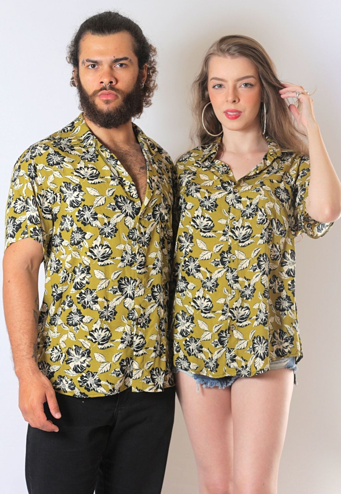 Camisa Santanna Hipsters Florais Estampada ElephunK Musgo