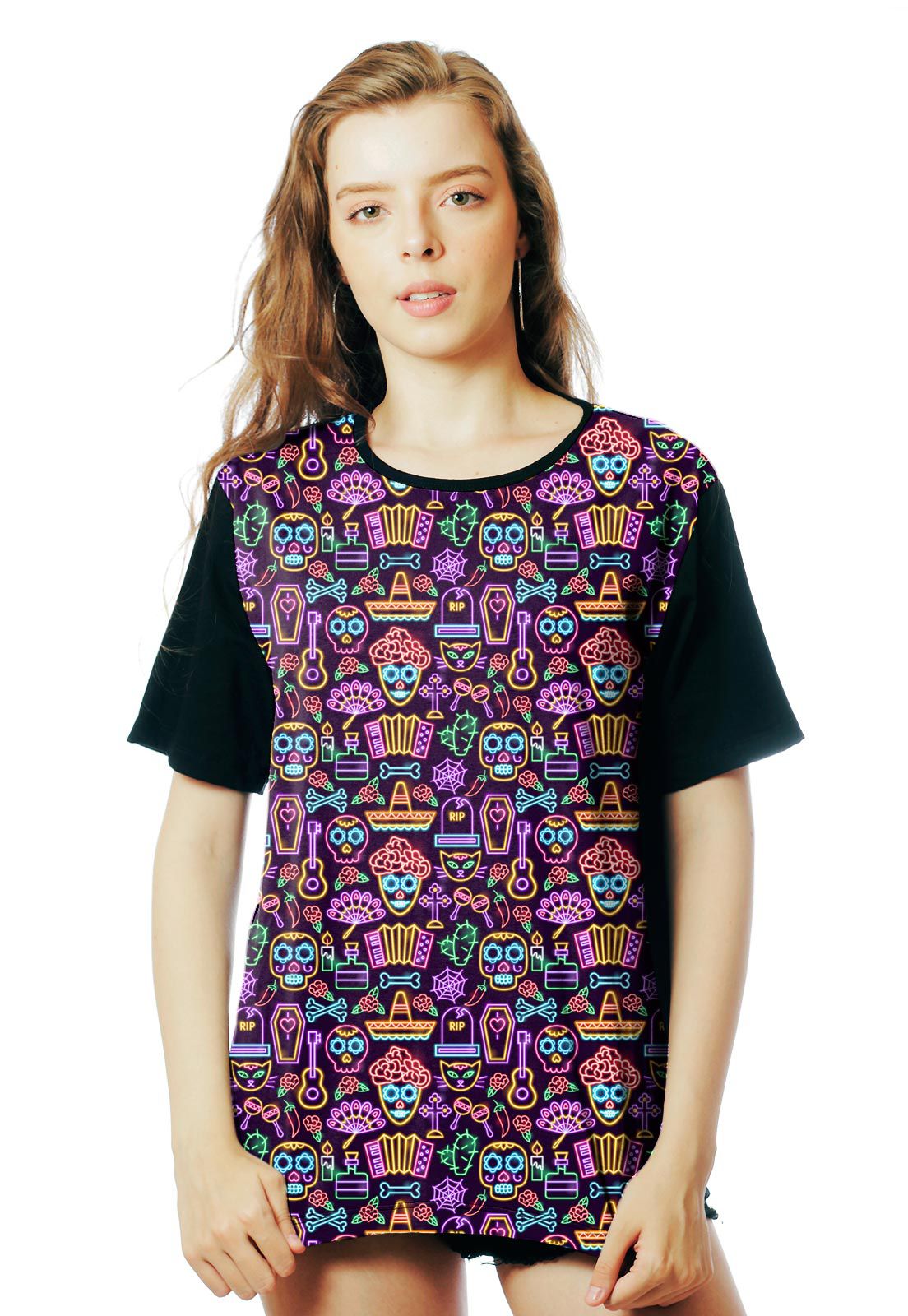 Camiseta ElephunK Estampada México Neon Mexicana Preta