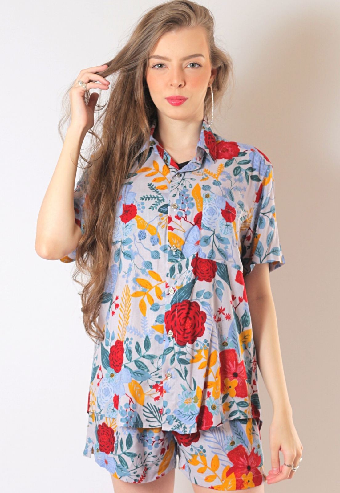 Conjunto Estampado Floral Camisa + Shorts Unissex Florida Nice Azul