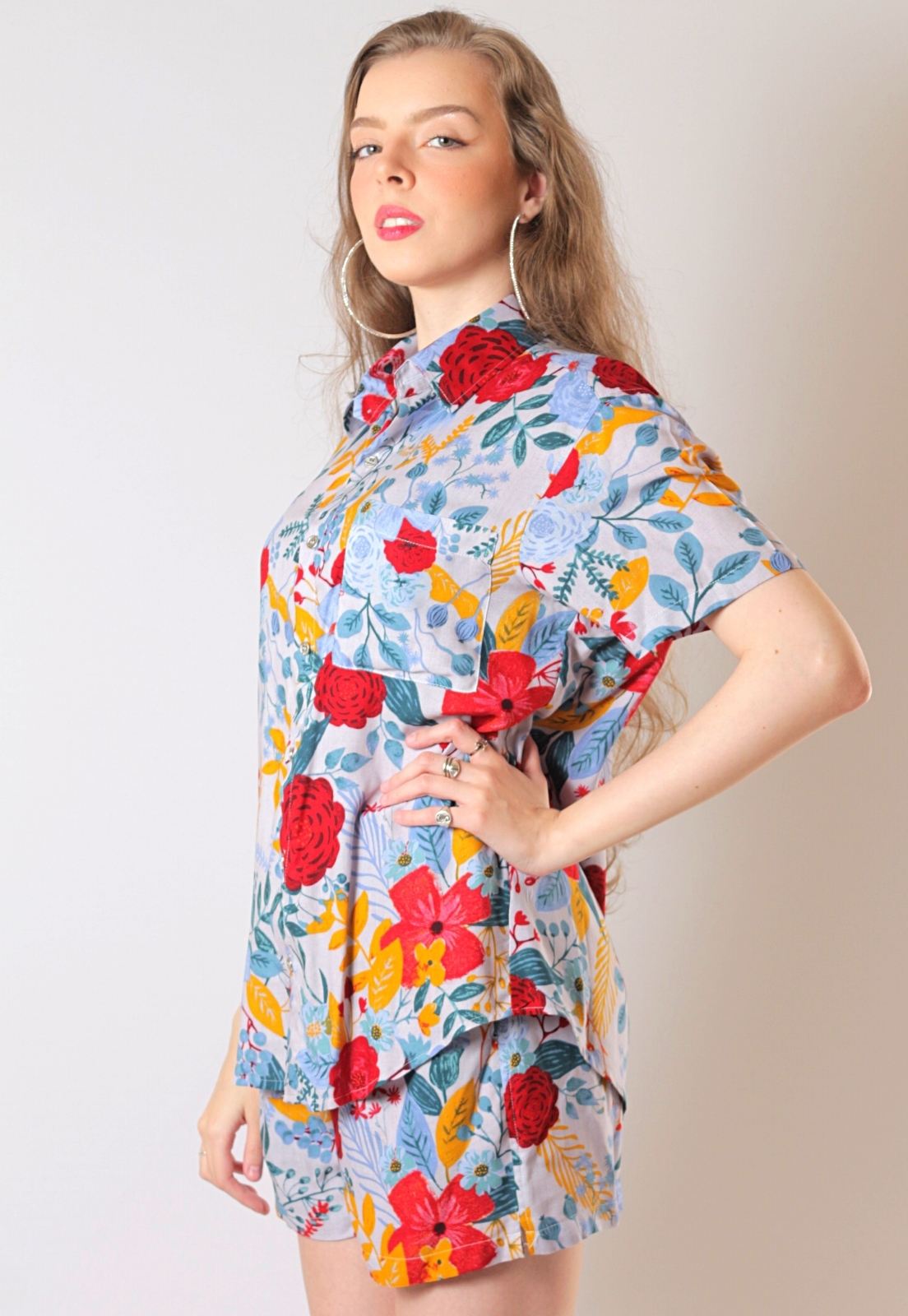 Conjunto Estampado Floral Camisa + Shorts Unissex Florida Nice Azul