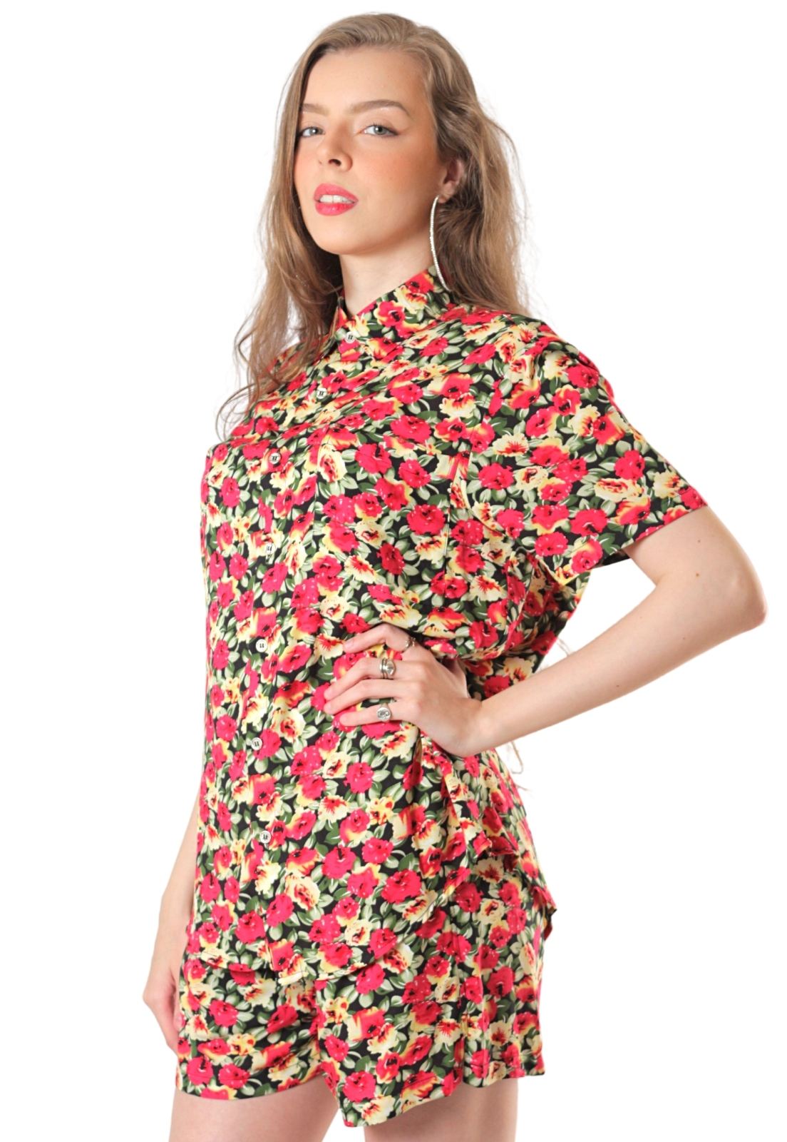 Conjunto Estampado Floral Camisa + Shorts Unissex Florido Rojo Preto