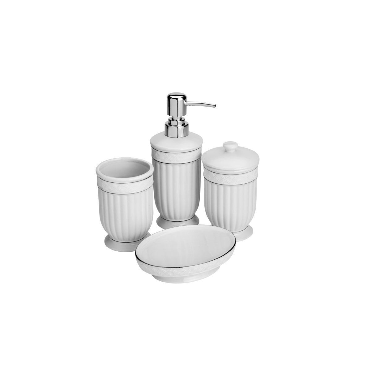 Conjunto 4 peças para banheiro de cerâmica branco e prata Greece Lyor - L4117