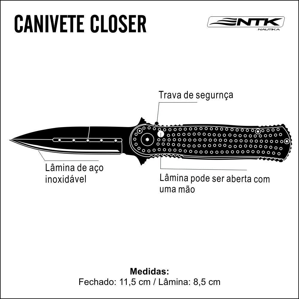 Canivete Automático Closer Nautika 20cm 124g Lâmina Preta com Bainha NTK