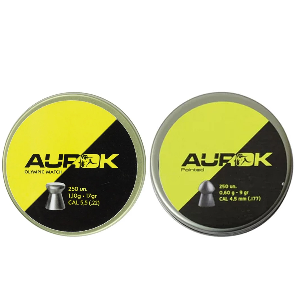 Combo 2 latinhas de chumbinhos 5,5mm: 1 Aurok Pointed e 1 Aurok Olympic Match 5.5mm