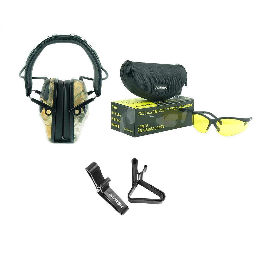Combo Abafador eletrônico tiro esportivo + Óculos de proteção para tiro + Gancho de suporte para abafador Aurok