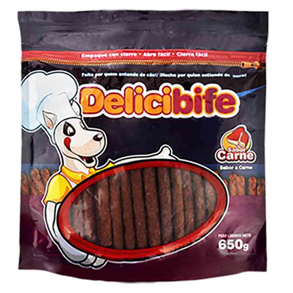Combo com 8 pacotes bifinho palitinho carne para cachorro Delicibife Carne 650g