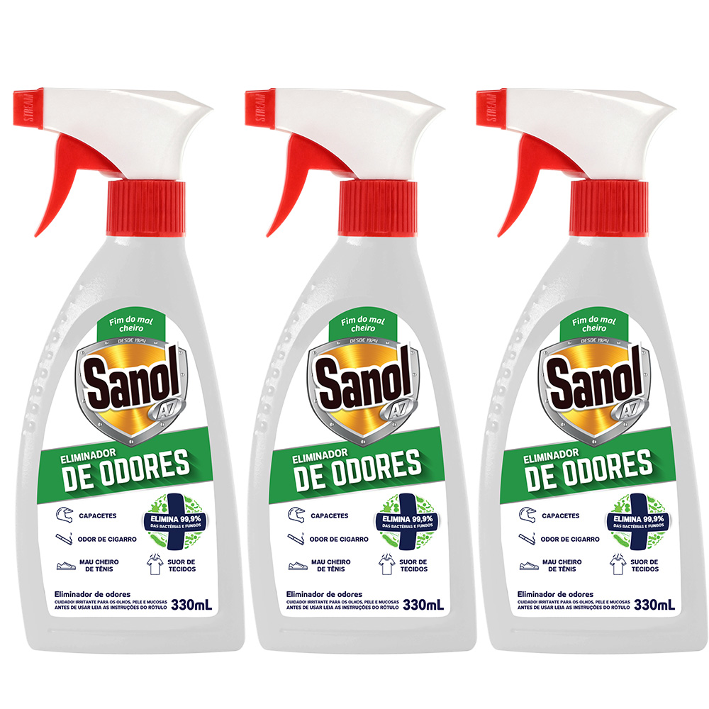 Combo Eliminador de Odores desagradáveis em Spray (Tira cheiro de mofo, suor, chulé, fumaça, etc) Sanol A7 330ml 3 Un