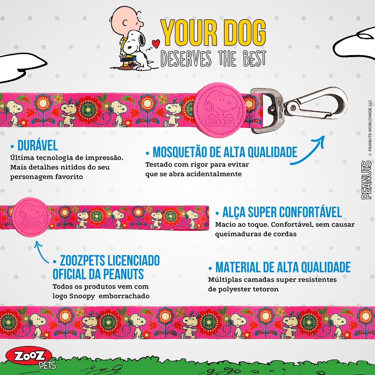 Guia para Cachorro Snoopy Pink Flower com mosquetão 1,20m G 315kg resistência Zooz Pets