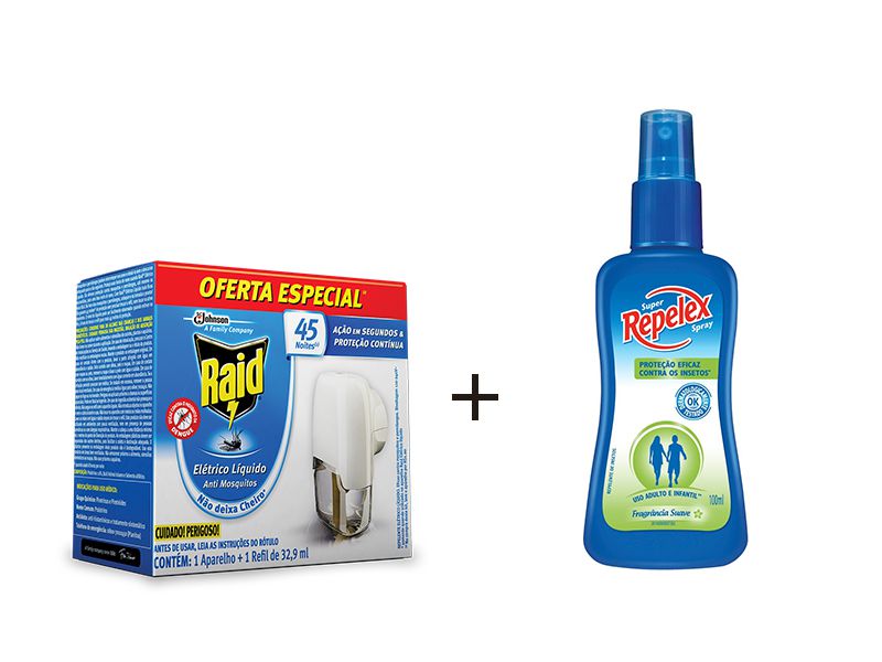 Kit Afasta Inseto: Repelente Spray Repelex + Aparelho Repelente Elétrico Raid Liquido 45 Noites + Refil 32,9ml - Oferta Especial