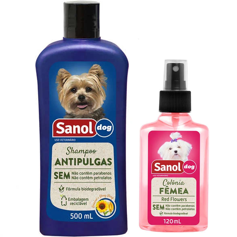 Kit Banho cachorro: Shampoo Antipulga e Perfume Floral Sanol