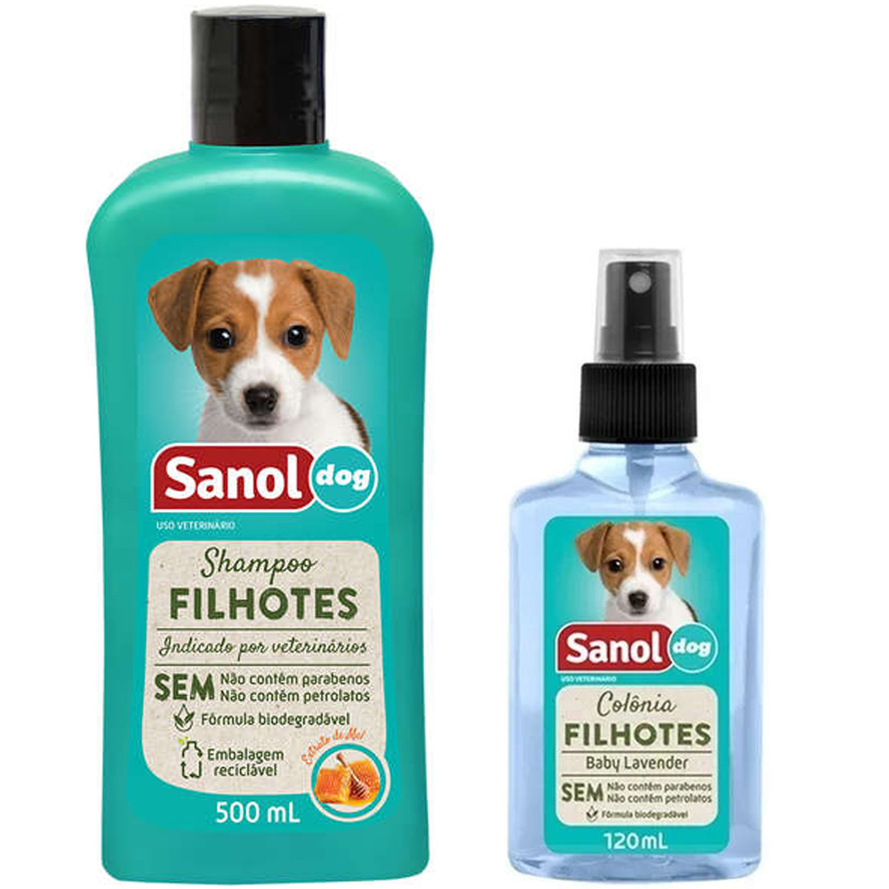 Kit Banho Cães Filhotes: Shampoo e Perfume Colônia cheiro de bebê para Cachorro Filhote Sanol