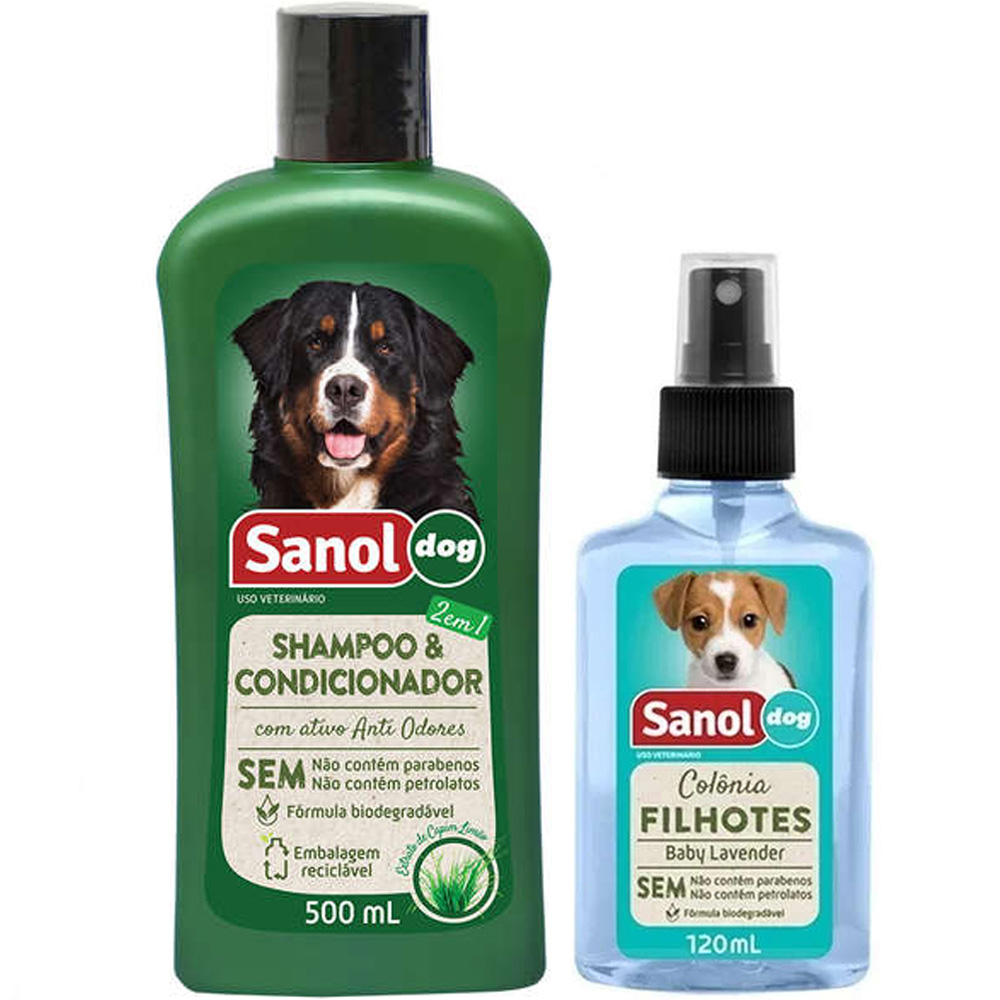 Kit Banho cães: Shampoo com condicionador 2 em 1 e perfume baby para Cachorro Sanol Dog