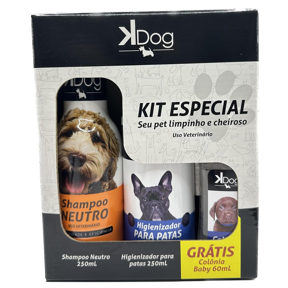 Kit Banho e Higiene Cães: Shampoo, Higienizador de patas E Colônia Baby KDog