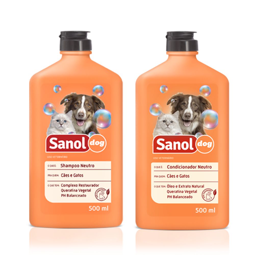Kit banho para cachorro e Gato: Shampoo e Condicionador Neutro Sanol 500ml (Não agride Pele e pelagem dos animais)