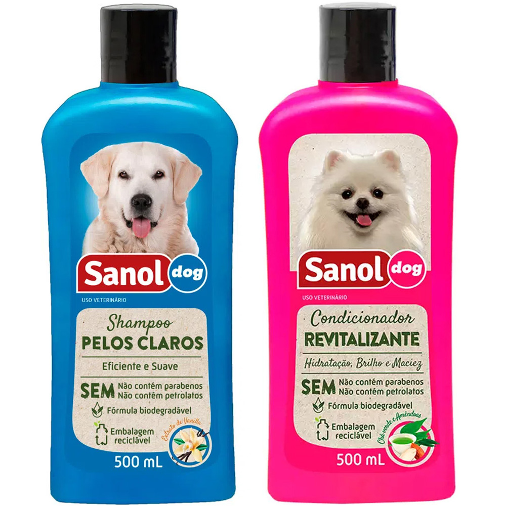 Kit banho para cachorro: Shampoo cães Pelos Claros e Condicionador Revitalizante cães Sanol