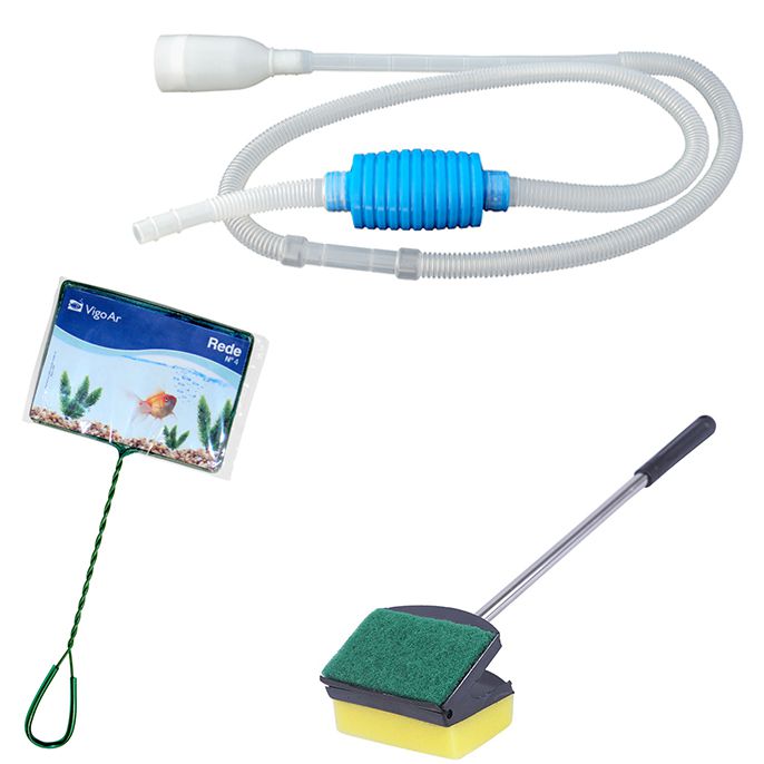 Kit de limpeza de aquário: Limpador de vidro Espuma esponja e raspador 35cm + Peneira / Rede n3+  Sifão limpador de aquário com bomba manual Vigoar