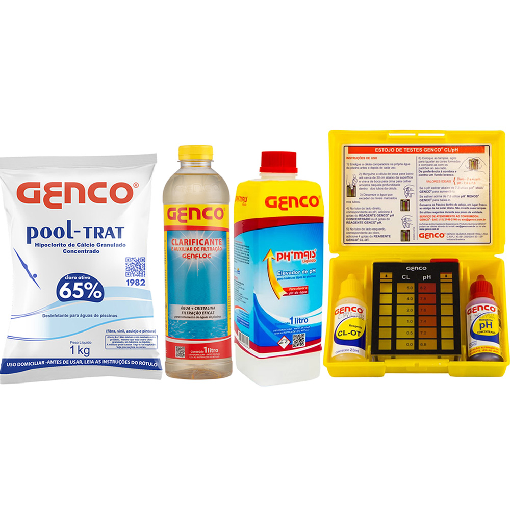 Kit de Limpeza e Manutenção de água de piscina: Cloro Genco 1Kg, Ph Mais 1L, Floculante Clarificante Genfloc 1L, Estojo de Análise Cloro e Ph Genco