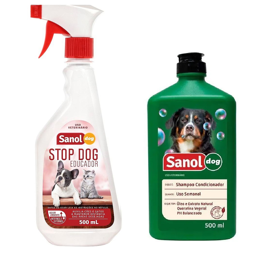 Kit Shampoo e condicionador 2 em 1 com educador stop pipi não pode para Cachorro Sanol Dog