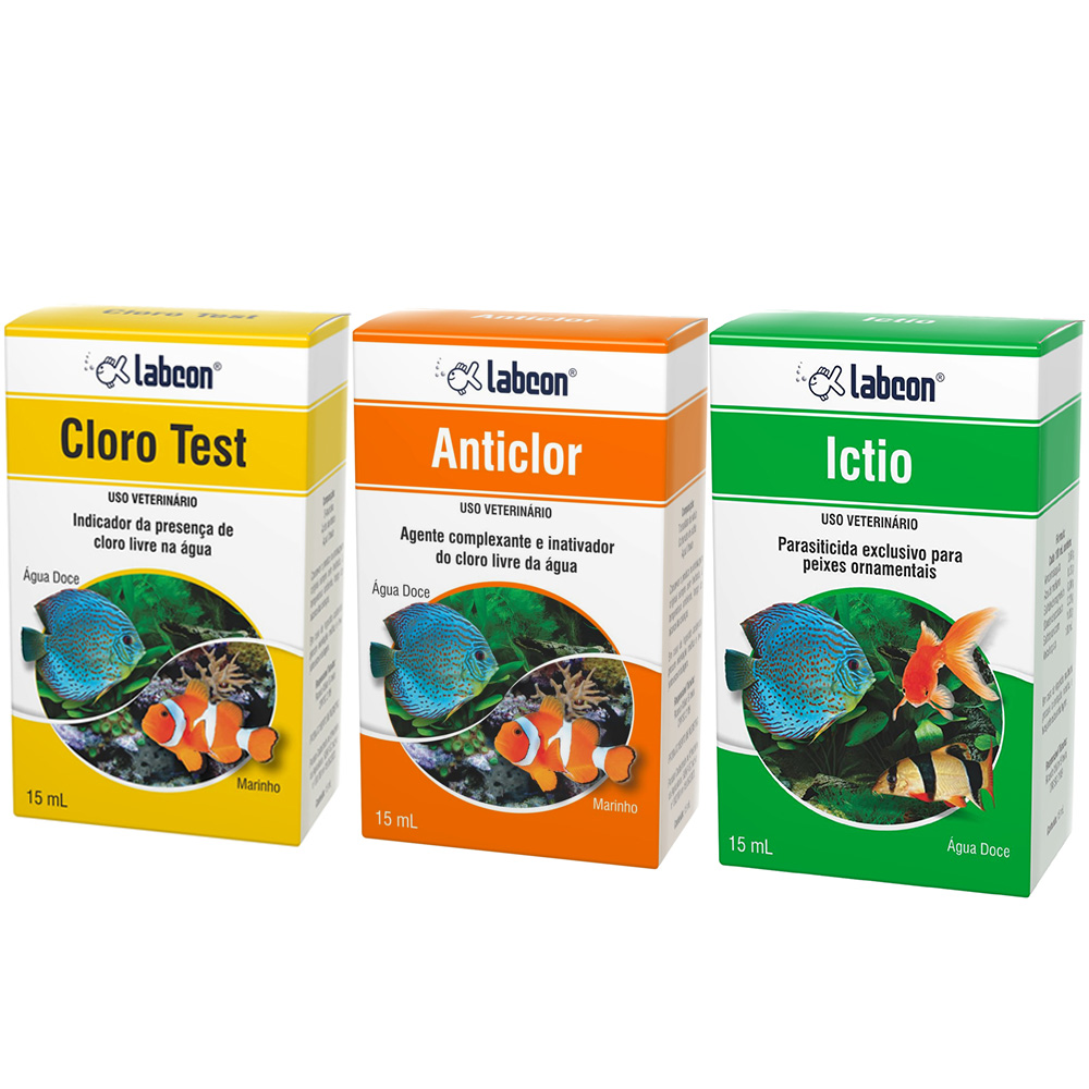 Kit tratamento água de aquário: Teste de cloro, tratamento anticlor e Medicamento parasiticida Ictio Labcon