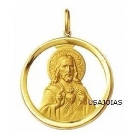 Pingente Medalha Coração De Jesus Ouro 18k Redondo Vazado 17mm K130