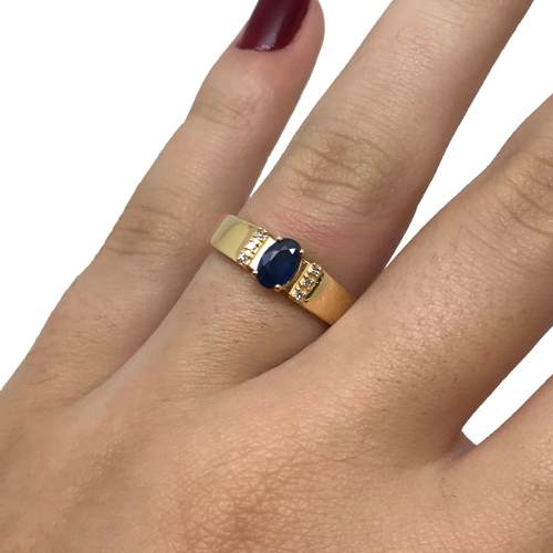 Anel Safira Azul 6 Diamantes Ouro 18K Feminino K645 22892
