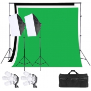 Kit de iluminação luz de estúdio com 3 fundos fotográficos, suporte de fundo, 2 softbox 50x70 com 4 soquetes E27, 8 lâmpadas de 135W, grampos e bolsa