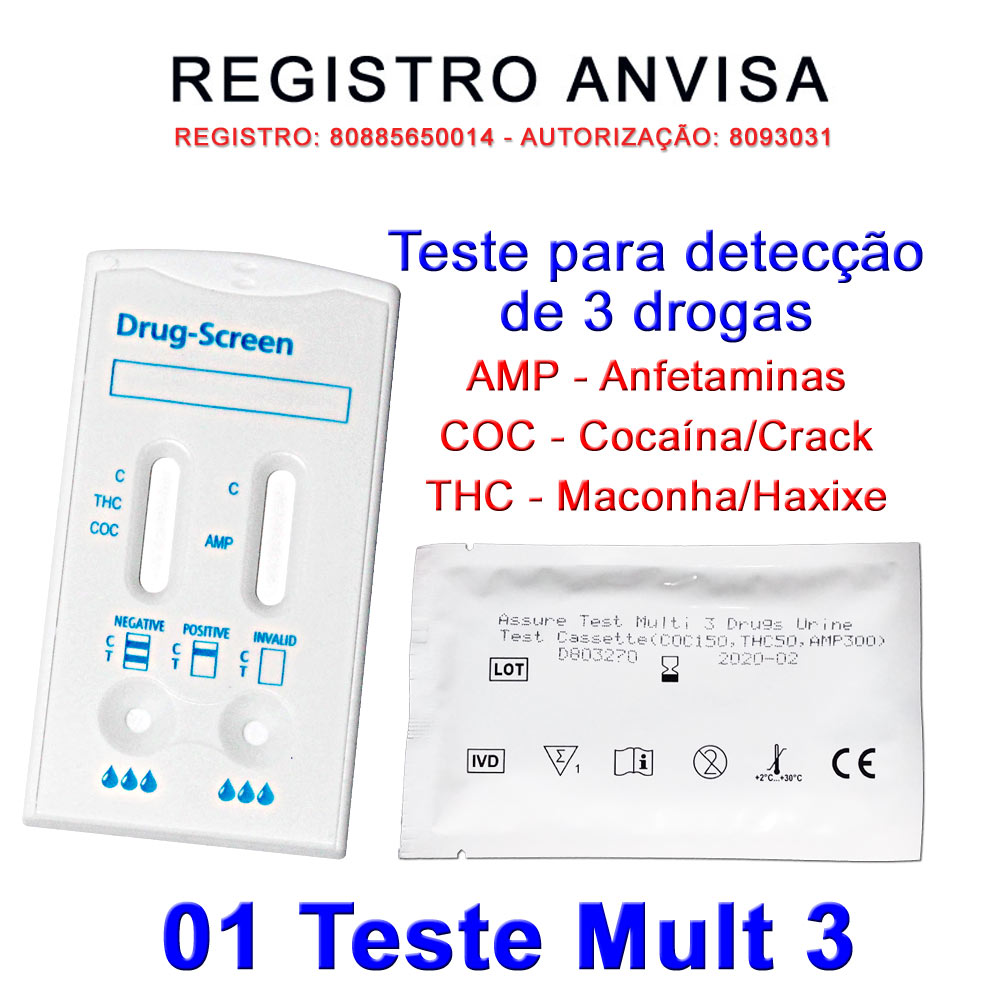 01 Kit para teste de AMP+COC+THC - Loja Saúde - Testes Para COVID-19 e Drogas, Máscaras e Suplementos