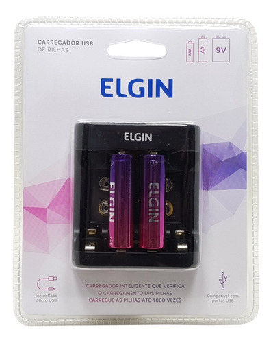 Kit Carregador de Pilhas 2x AA USB Preto Elgin 