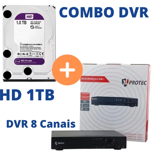 COMBO - DVR 8 CANAIS JL PROTEC + HD 1TB SEGURANÇA PURPLE WESTERN DIGITAL