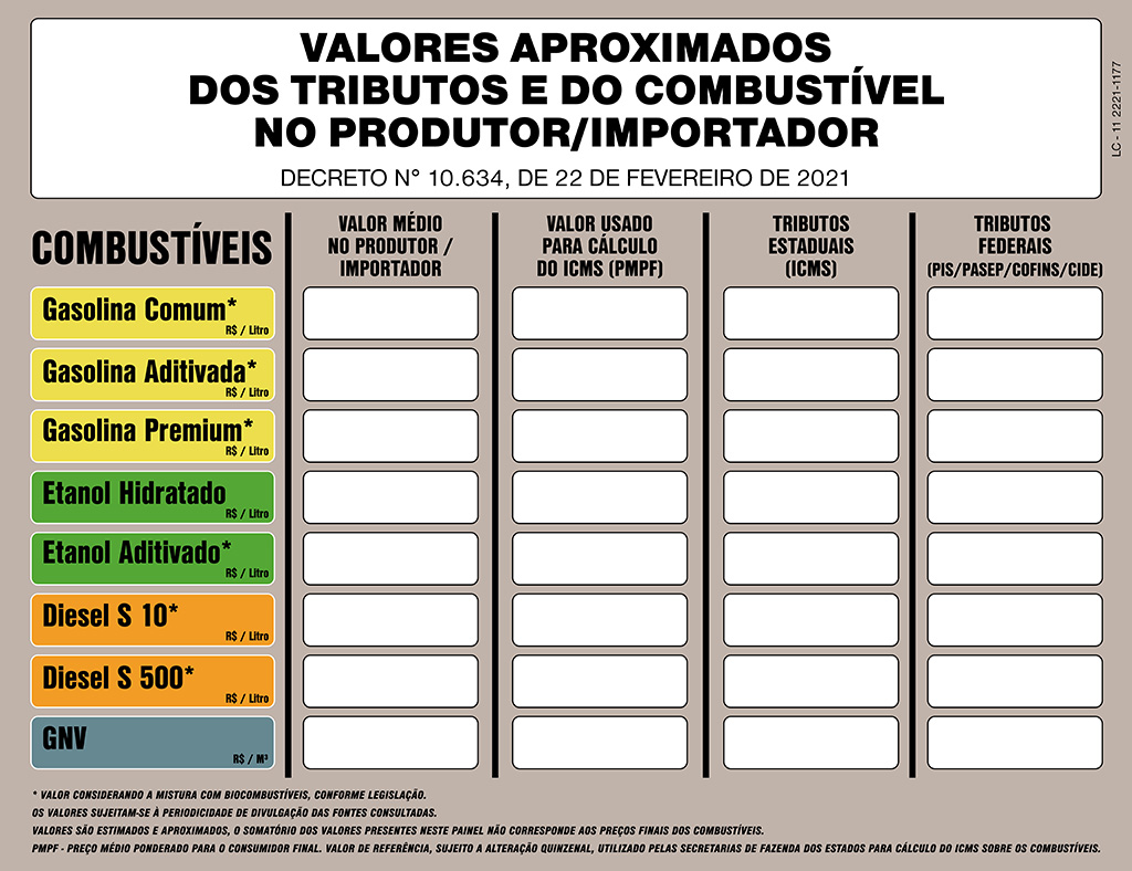 Placa de Valores Aproximados dos Tributos/Combustíveis ANP - Decreto N 10.634