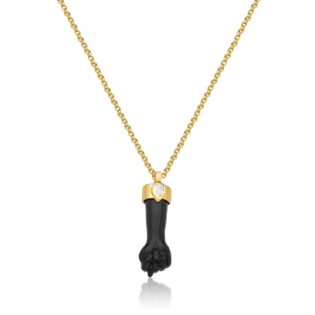 Colar com Figa Amuleto em Baquelite Preta com cristal banhado em Ouro 18k - 60cm cordão
