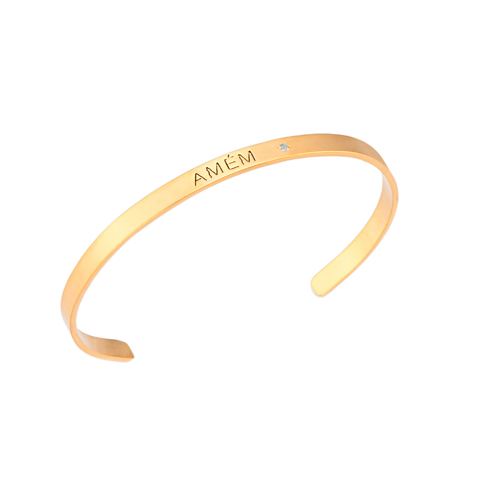Bracelete Amém com ponto de luz em zirconia banhado em ouro 18k Pulseira