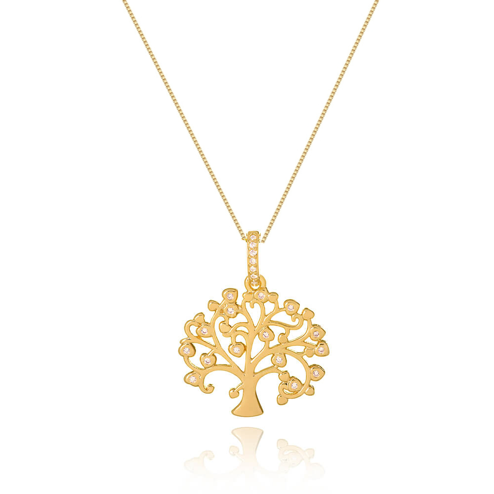 Colar com pingente Árvore da Vida com galhos em coração com zircônias banhado em ouro 18k cordão