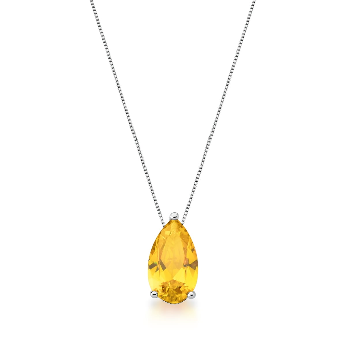 Colar feminino Pingente Cristal em Gota Amarela Banhado em Ródio - 2cm