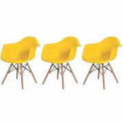 Kit 3 Cadeiras Charles Eames Eiffel Com Braço Amarela Base Madeira