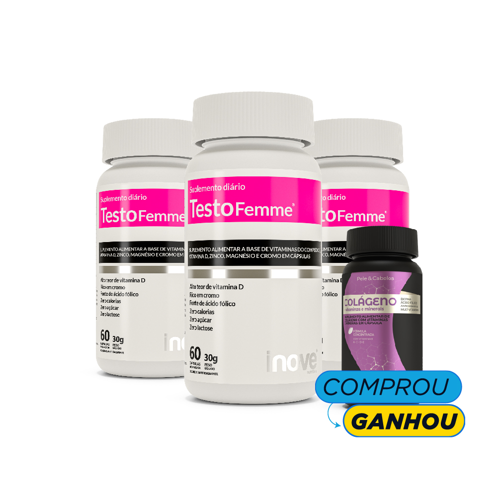 Kit Testofemme® Fórmula Feminina - 3 potes - Ganhe 1 Colágeno + Vitaminas e Minerais Inove Nutrition®